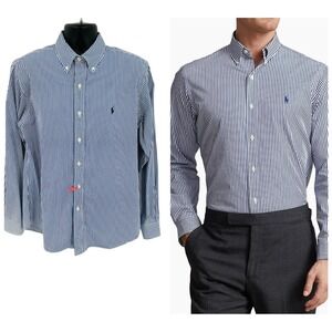 Ralph Lauren Custom Fit Men's Button Down Shirt Large Blue White Stripe Cotton
